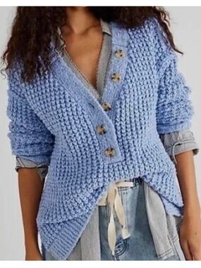 NWT Free People Whistle Thermal Henley, Blue, Sz M MSRP $148